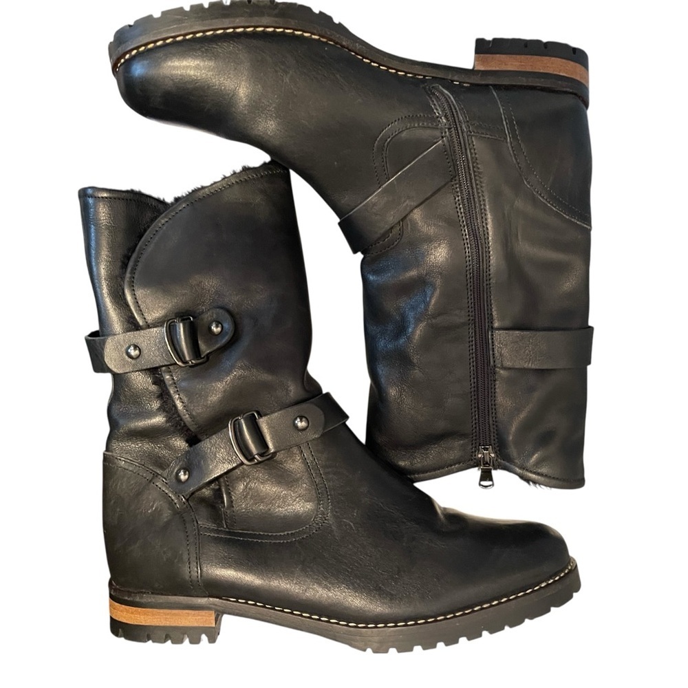 New Fabianelli Ladies Italian Leather Mid Calf Boots Belt Buckles, Moto, size 10